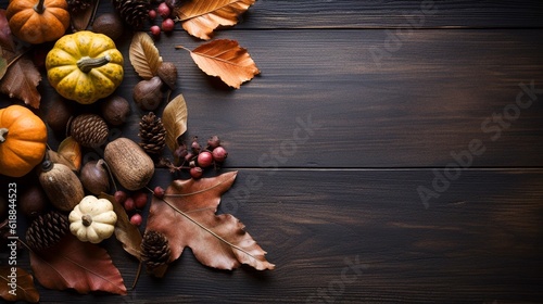 Autumn background with pumpkins  chestnuts and leaves on wooden background. Generative AI.
