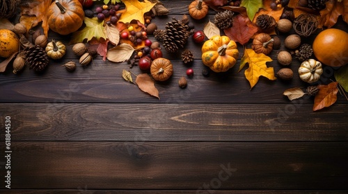 Autumn background with pumpkins, chestnuts and leaves on wooden background. Generative AI.