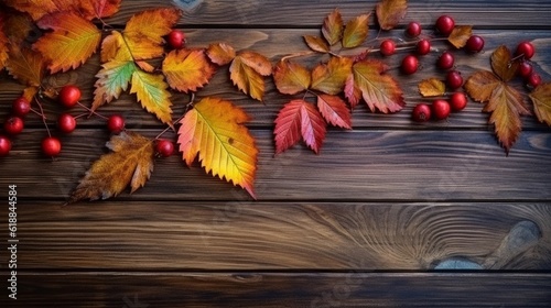 Autumn leaves and berries on wooden background. Top view with copy space. Generative AI.