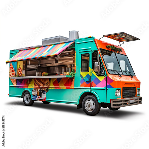 3D image of food truck isolated on white background. Using a vehicle in the form of a large van to be able to fit a simple kitchen in it.