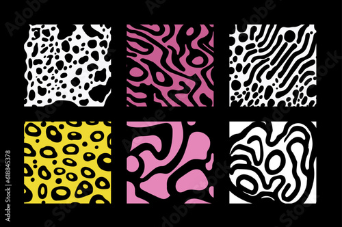Set of abstract geometric elements for design with psychedelic pattern in different colors.