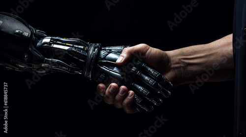 A robotic and metallic hand shaking hands with another fully human hand. Generative AI. 5