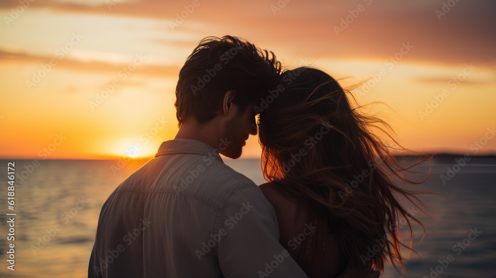 Cute young couple standing and looking the sunset at the beach for pre-wedding photoshoot. Generative Ai