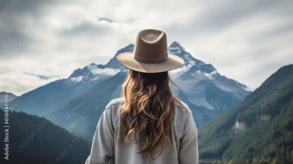 A young woman wearing a hat stands back and looking at the beautiful scenery of the mountains.Generative Ai A young woman wearing a hat stands back and looking at the beautiful scenery of the mountains.Generative Ai