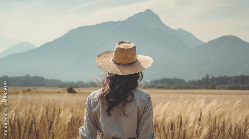 A young woman wearing a hat stands back and looking at the beautiful scenery of the mountains.Generative Ai
