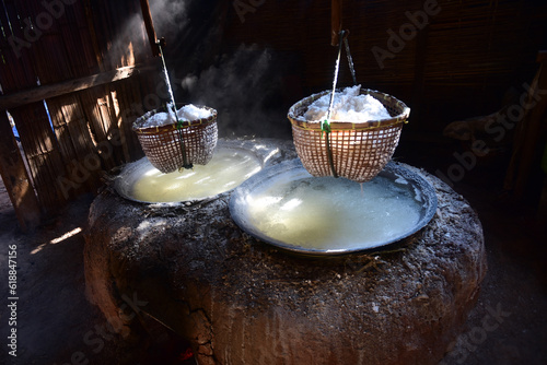 Nan Thailand December 26 2022 Bo Kluea Rock Salt Pond , ancient rock salt production site, street market,otop market, medicinal salt market photo