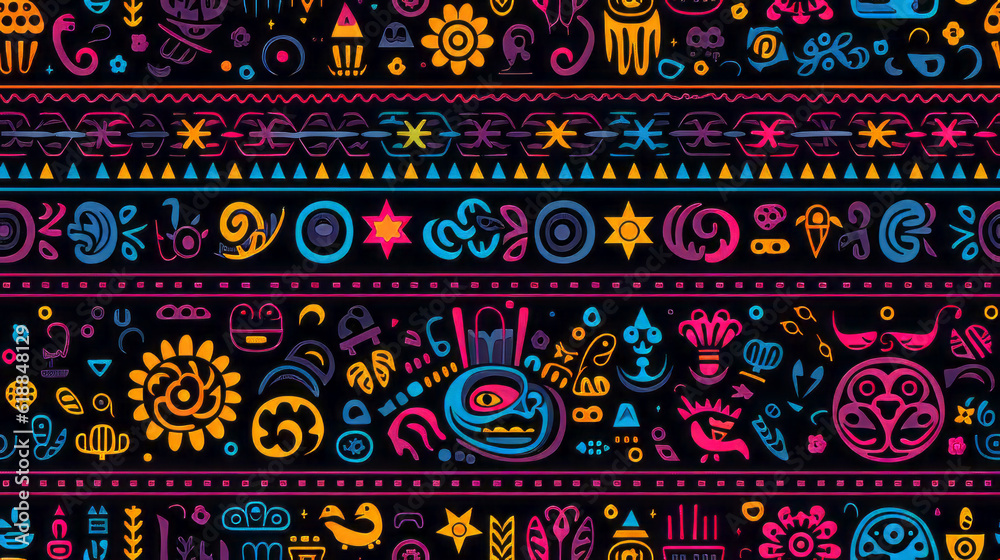 Seamless pattern background with ethnic colorful design and black backdrop