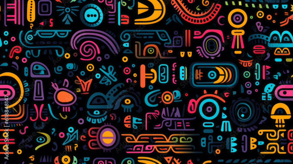Seamless pattern background with ethnic colorful design and black backdrop