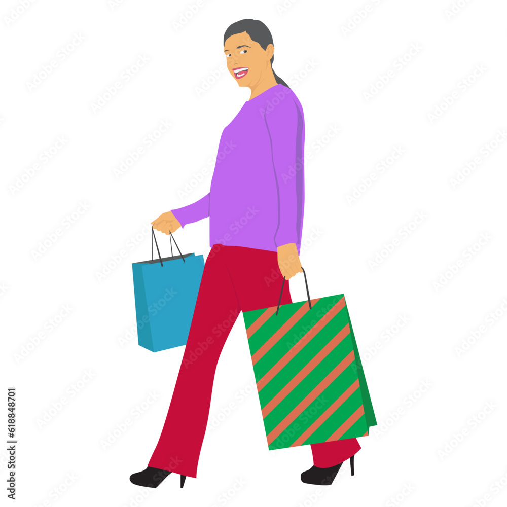 Beautiful happy woman is shopping. The girl with the packages. Fashionable. Vector illustration in cartoon style Beautiful happy woman is shopping. The girl with the packages. Fashionable. Vector illustration in cartoon style