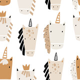 Vector hand-drawn seamless repeating childish simple pattern with cute unicorns in Scandinavian style on a white background. Children's texture with unicorns. Horse. Funny animals sketch.