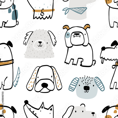 Vector hand-drawn seamless repeating childish simple pattern with cute dogs in Scandinavian style on a white background. Children's texture with dogs, dogs print. Pets. Puppy. Funny animals sketch.