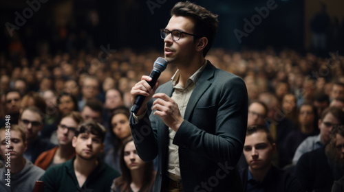 Male Asking a Question to a Speaker During a Q and A Session at an International Tech Conference in a crowded Auditorium. Young Specialist Expressing an Opinion During a Global Business Summit.
