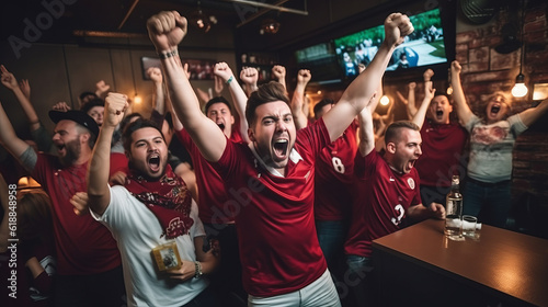 Group of Football Fans Watching a Live Match Broadcast in a Sports Pub on TV. People Cheering, Supporting Their Team.