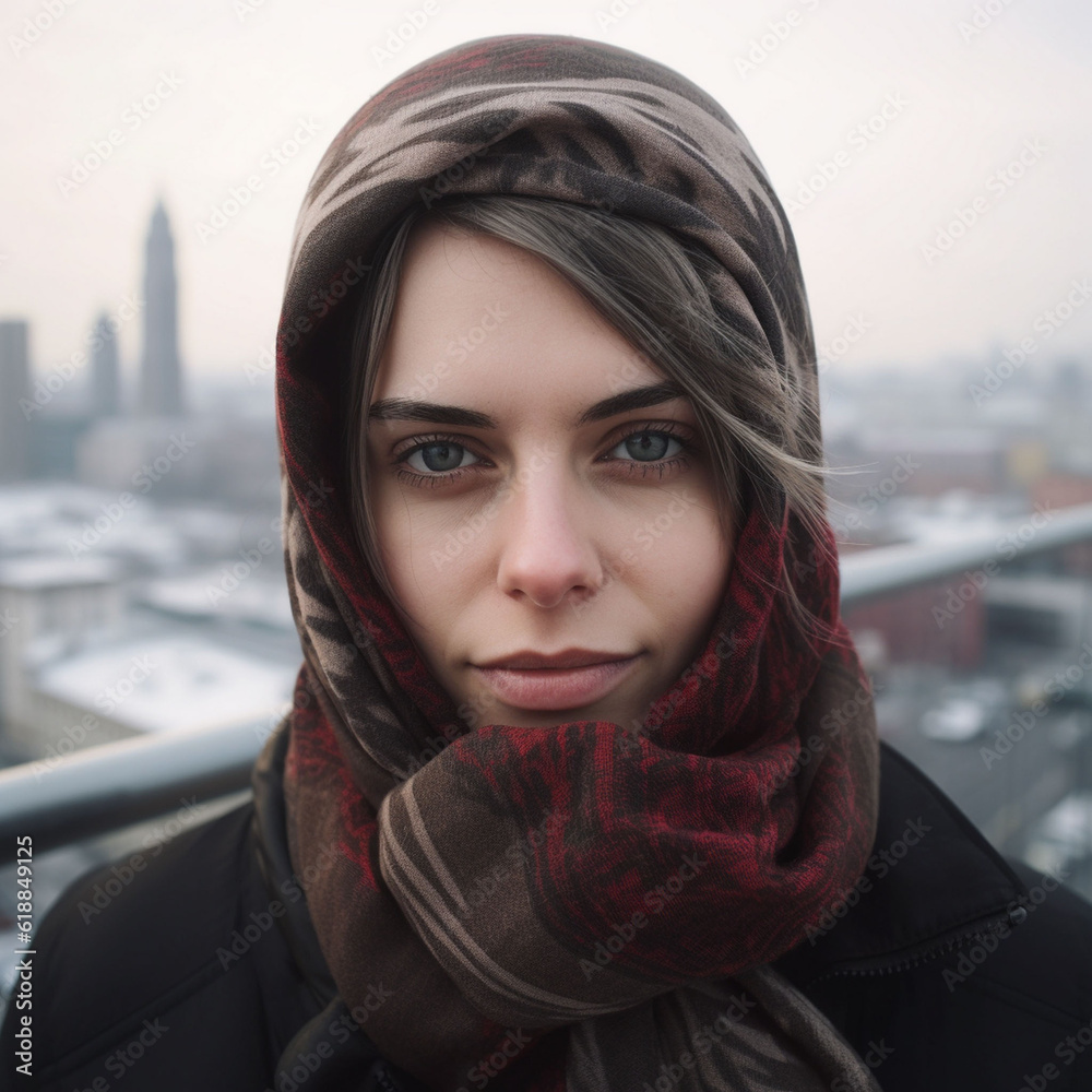 Closeup portrait of a young happy woman enjoying winter wearing scarf. looking at camera. winter or autumn fashion