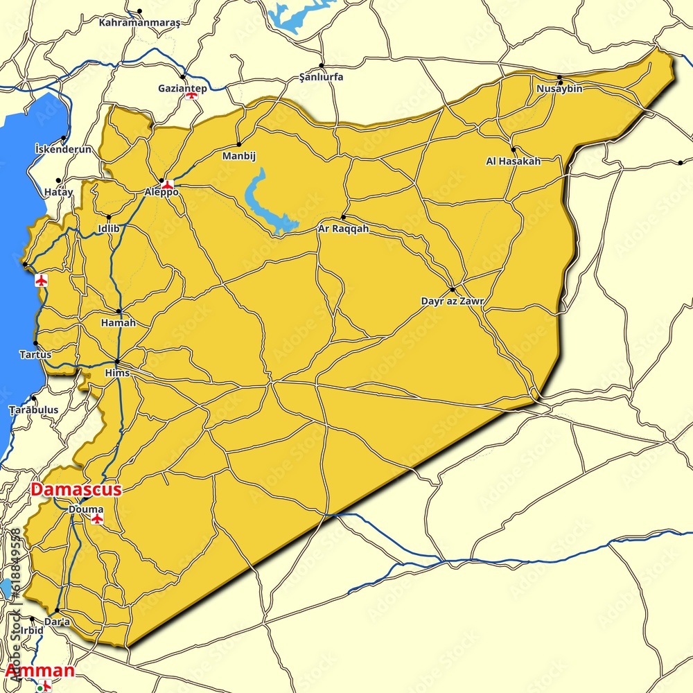 Obraz premium Map of Syria with main roads and highways