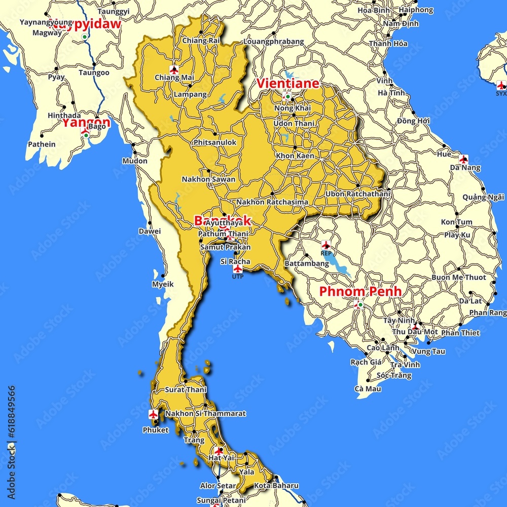 Map of Thailand with main roads and highways Stock Illustration | Adobe ...