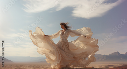 Woman dancing on the desert. In the vast desert, a silhouette dances at dawn/dusk, her form mirrored by the sky's radiant hues. A moment of sublime solitude and freedom, captured forever.