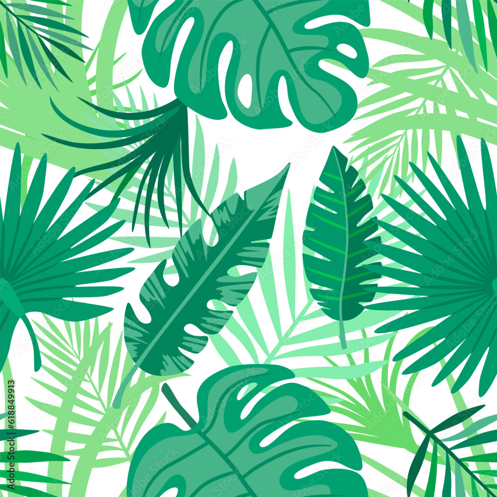 Tropical leaves seamless pattern. Teal and green foliage wallpaper.