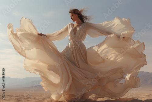 Woman dancing on the desert. In the vast desert, a silhouette dances at dawn/dusk, her form mirrored by the sky's radiant hues. A moment of sublime solitude and freedom, captured forever.
