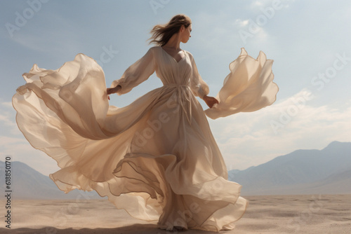 Woman dancing on the desert. In the vast desert, a silhouette dances at dawn/dusk, her form mirrored by the sky's radiant hues. A moment of sublime solitude and freedom, captured forever.