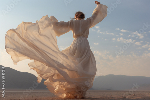 Woman dancing on the desert. In the vast desert, a silhouette dances at dawn/dusk, her form mirrored by the sky's radiant hues. A moment of sublime solitude and freedom, captured forever.