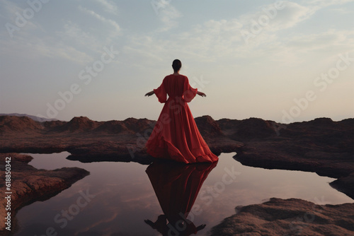 Woman dancing on the desert. In the vast desert, a silhouette dances at dawn/dusk, her form mirrored by the sky's radiant hues. A moment of sublime solitude and freedom, captured forever.