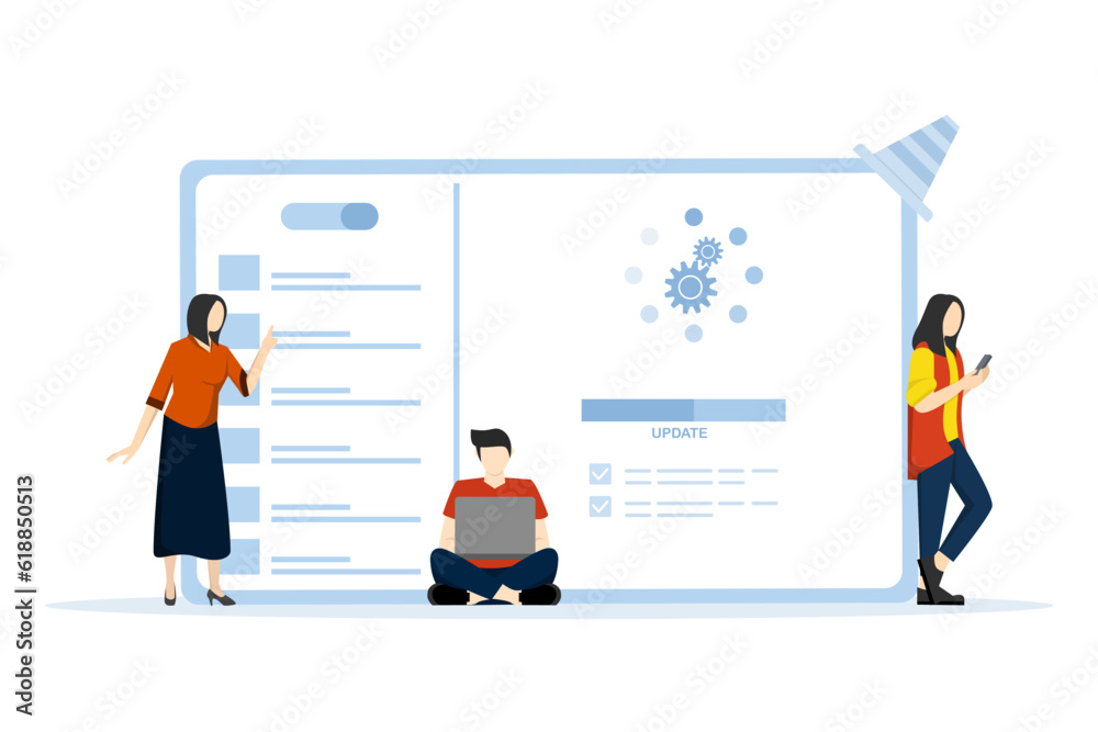 Concept of system update, integration, software installation. User updates operating system with progress bar. Software upgrade and installation program. Flat vector illustration on a white background