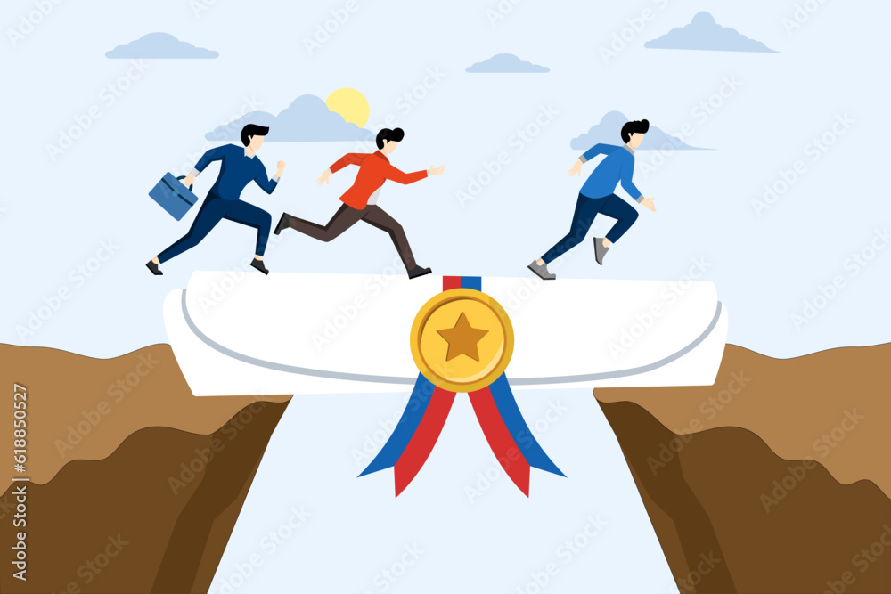 training or diploma concept, Education or business degree to help career growth, skills or knowledge, people walking on educational degree rolls as a bridge to cross the gap. vector illustration. - obrazy, fototapety, plakaty 