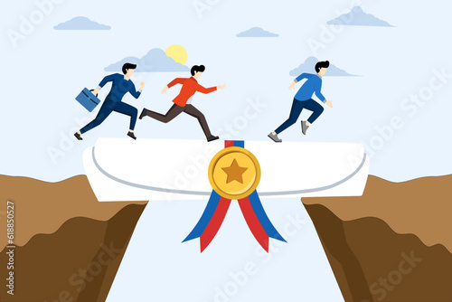 training or diploma concept, Education or business degree to help career growth, skills or knowledge, people walking on educational degree rolls as a bridge to cross the gap. vector illustration.