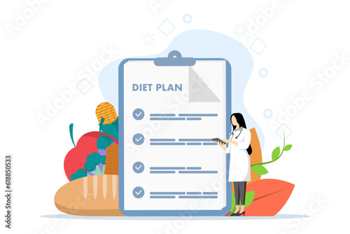 List of diet plans, with keto diet training. Slender small body concept. nutrition control and vegetable, fish, oil. Weight management, individual diet service, flat vector illustration.