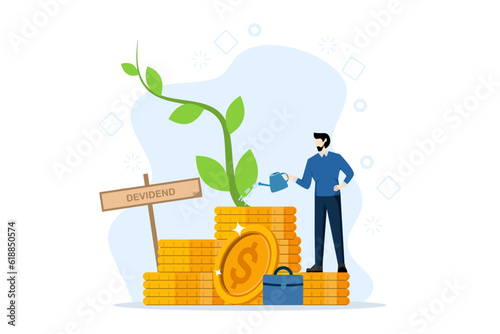 Concept of return on investment, financial solutions, passive income, equity shares. Man invests in stocks, receives dividends. Vector illustration in flat design on white background.