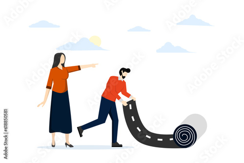leadership to plan business direction concept, career path to success, starting or starting a new job or career development, smart businessman rolling career path for his teammates.