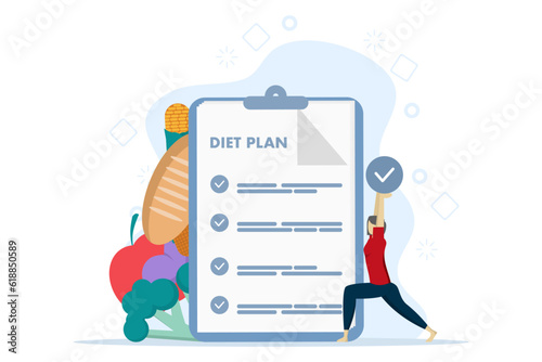 diet plan concept. People exercising and doing fitness. Woman planning diet with vegetables. Diet concept, meal planning, nutrition consultation. Flat vector illustration on a white background.