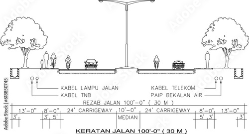 Vector sketch illustration of detailed highway section design with supporting buildings and human activities