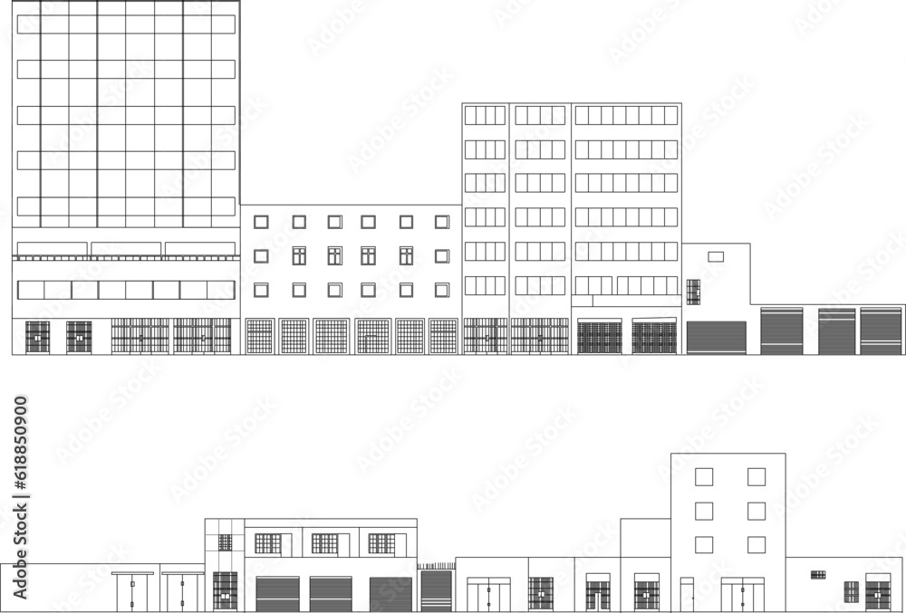 Vector sketch illustration of modern minimalist self-service mall architectural design in the middle of a big city center