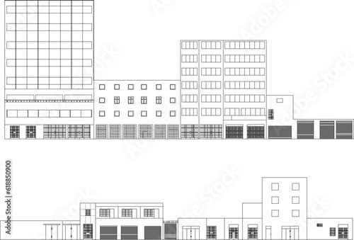 Vector sketch illustration of modern minimalist self-service mall architectural design in the middle of a big city center