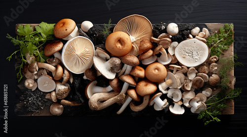 mushrooms on a black flat stone table generativa IA