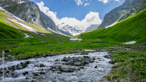 Mountain landscape with alpine meadows, glacier, river and snow-capped peaks