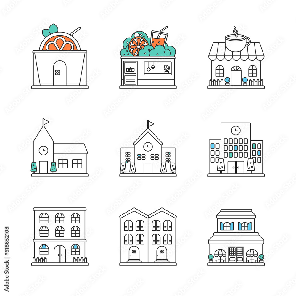 Simple Icons about schools and shops.
