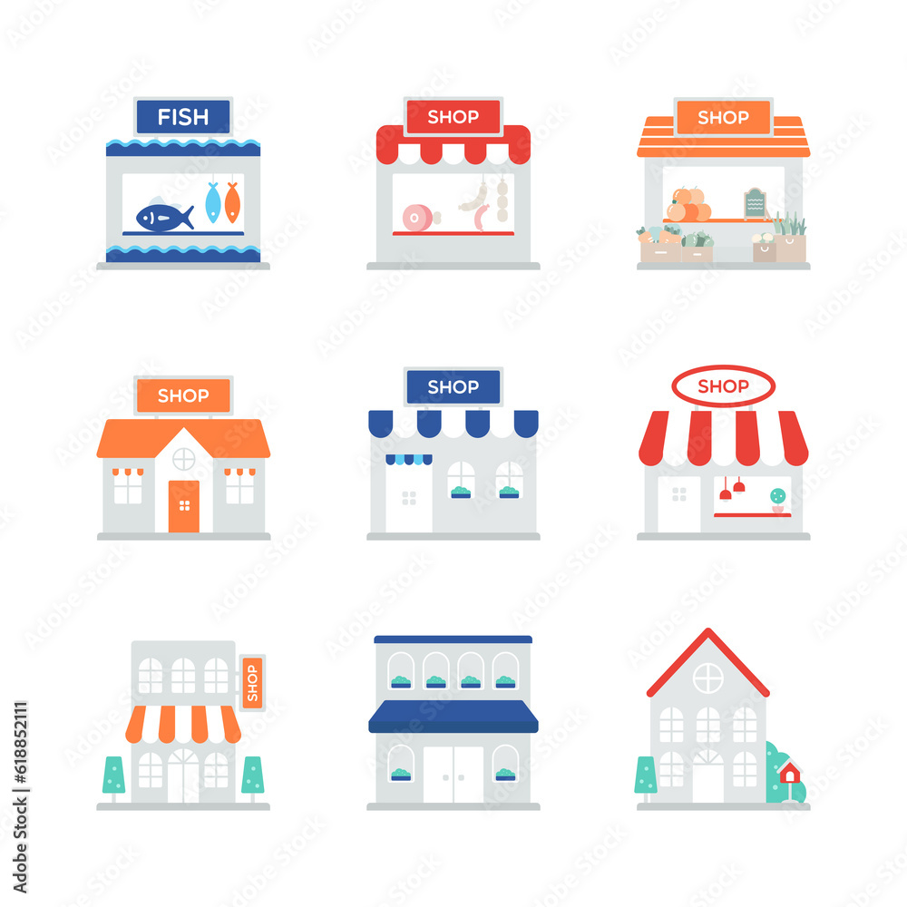 Flat icon related to various shops.
