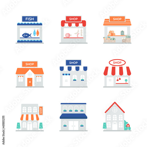 Flat icon related to various shops. 