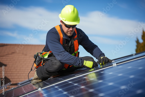 Wallpaper Mural An eco friendly solar panel being fitted to a residential roof by an engineer Torontodigital.ca