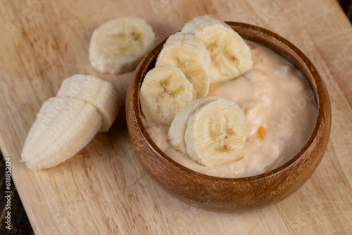 fresh banana-flavored yogurt with banana slices