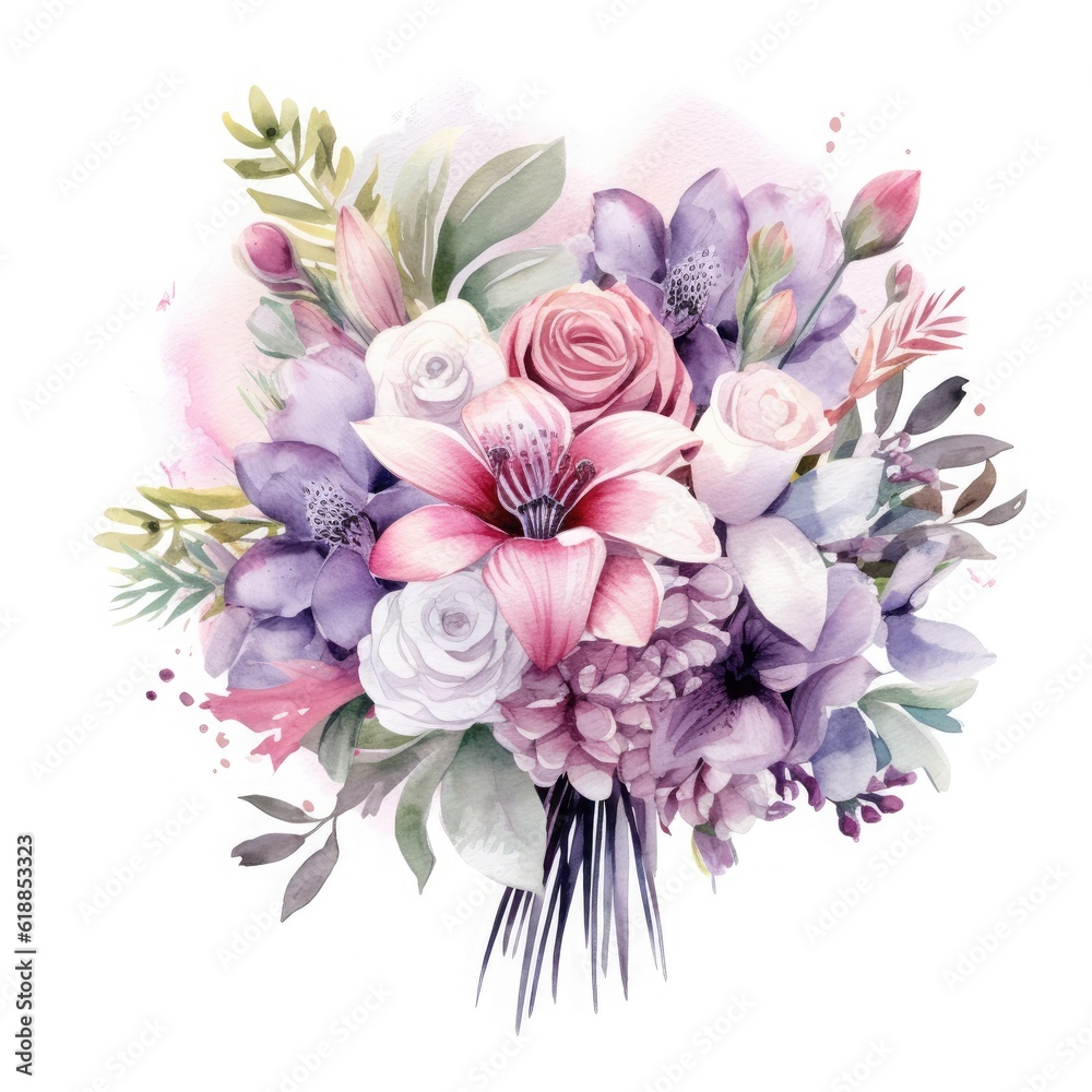 Watercolour bouquet of flowers for a wedding, high quality, detailed, white background.