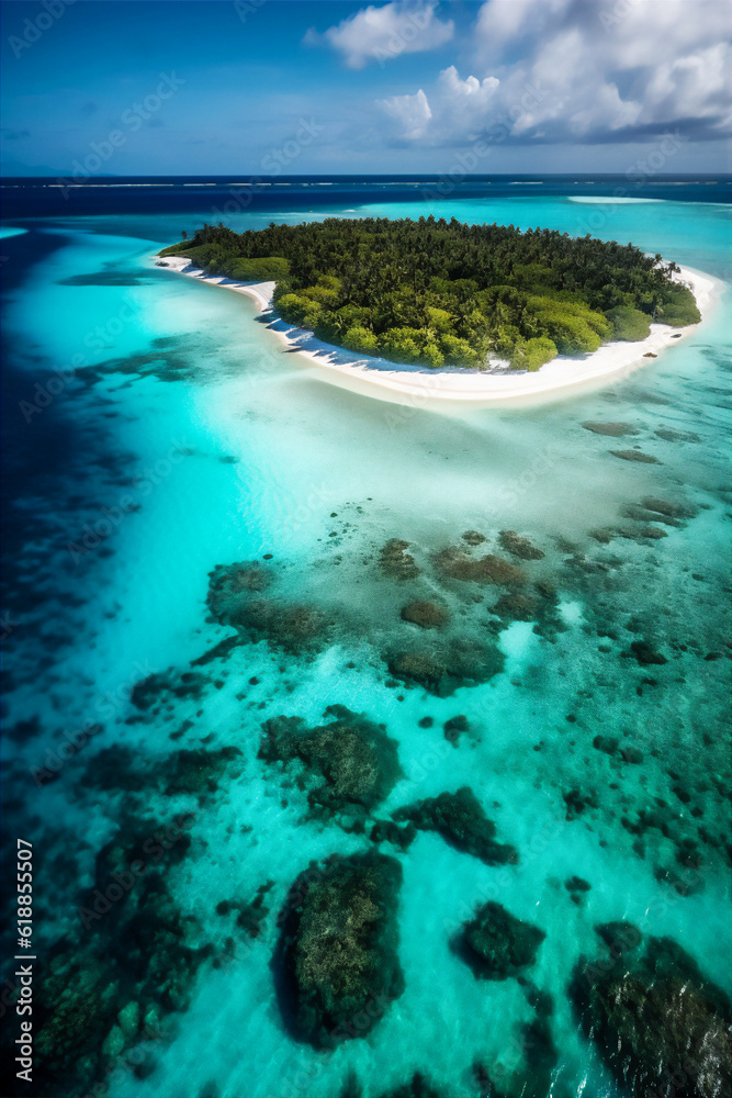 Crystal-clear turquoise waters of the Maldives island under the soft light of the setting sun.