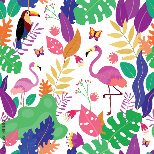 Tropical seamless pattern with flamingo, toucan and exotic plants leaves.