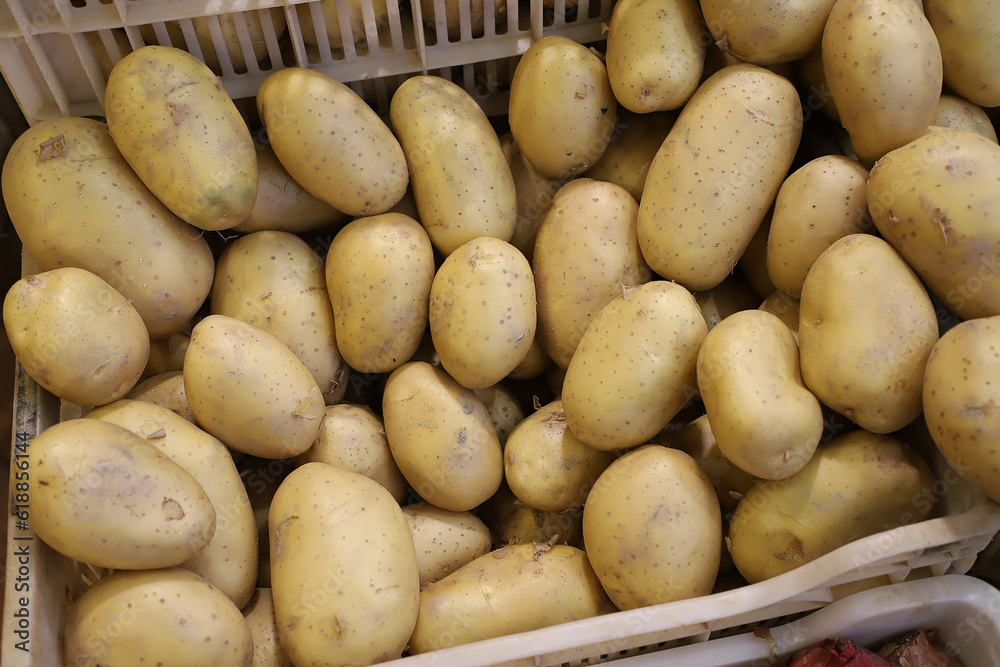 Potatoes on the market, potatoes in plastic crates , Potatoes background, Potatoes on the market, potatoes in plastic crates , Potatoes background,