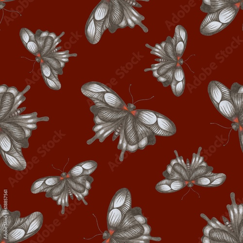 Seamless Pattern with Hand Drawn Colorful Butterflies on Dark Red Background. Digital Paper with Butterfly.