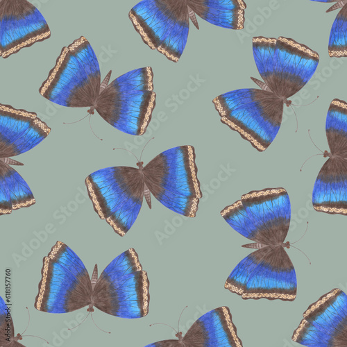 Hand-Drawn Seamless Pattern of Gray and Yellow Colored Butterflies of Various Sizes on Grey Backdrop.