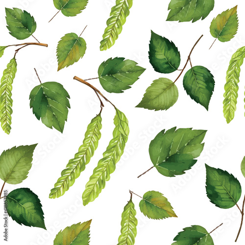 Vector seamless pattern with birch leaves and catkins in a watercolor style on a plain white background.
